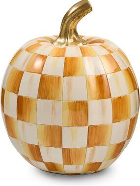 Small Resin Pumpkin Decor - Golden Yellow & White Check, Fall Home Accent